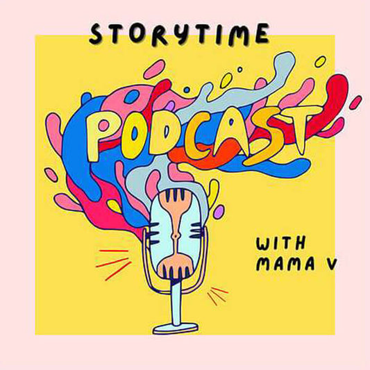 Colorful podcast logo for Storytime with Mama V, featuring a vintage microphone and playful graphic elements.