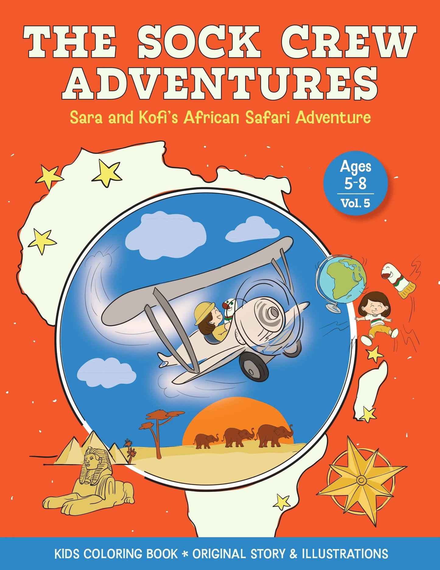 Cover of Sara and Kofi's African Safari Adventure coloring book, part of Sock Crew Adventures series for kids. coloring book travel. adventure coloring book.