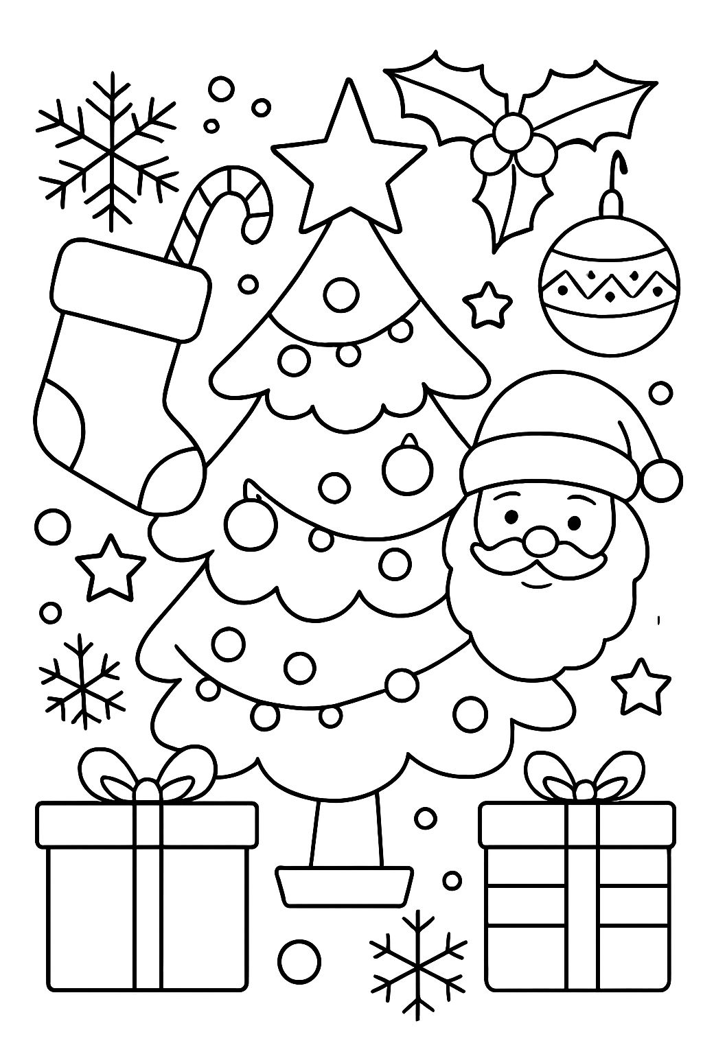 Free - Festive Christmas Tree and Santa Coloring Page