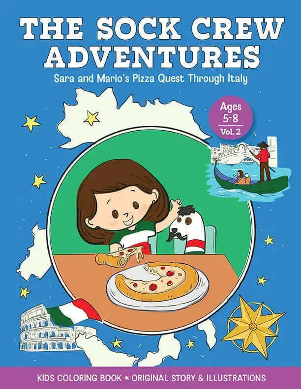 Sara and Mario's Pizza Quest Through Italy Book Cover - Sock Crew Adventures coloring books, traveling with kids, popular kids books, popular book series for kids, best coloring books for kids, geography for kids, how to draw for kids, best books for 5 7 year olds, coloring book about italy, Coloring book travel, Travel coloring book, best places to travel with kids, italian coloring book, adventure coloring books, traveling with kids to italy, best kids books for roadtrips, pizza, italian monuments book