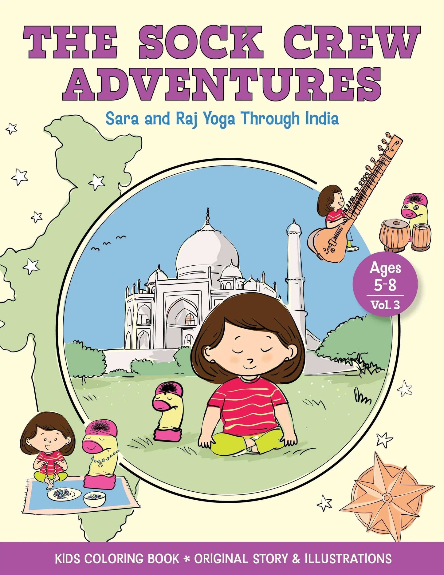 Sara and Raj Yoga Through India Book Cover - Sock Crew Adventures, coloring books, traveling with kids, popular kids books, popular book series for kids, best coloring books for kids, geography for kids, how to draw for kids, best books for 5 7 year olds, yoga coloring book, Coloring book travel, Travel coloring book, best places to travel with kids, india coloring book, adventure coloring books, traveling with kids to India,