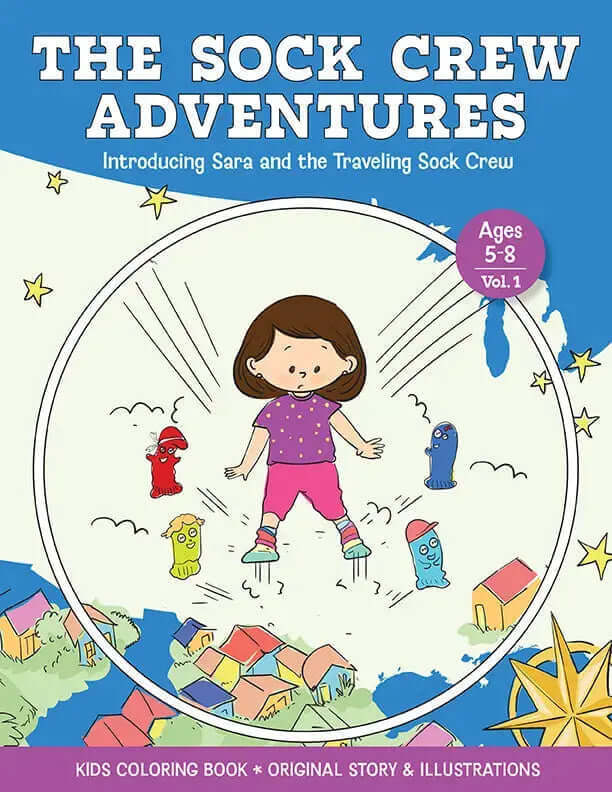 Introducing Sara and the Traveling Sock Crew Book Cover - Sock Crew Adventures coloring books, traveling with kids, popular kids books, popular book series for kids, best coloring books for kids, geography for kids, magic socks, new york city coloring book, coloring book about socks, sock book, sock puppet book, best books for 5 7 year olds, coloring books for kids, statue of liberty, travel coloring book, best places to travel with kids, statue of liberty coloring book, adventure coloring books