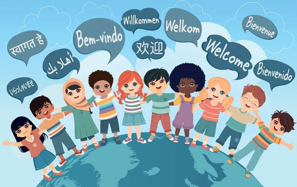 Cultural Coloring Books for Kids featuring diverse children holding hands with welcome signs in various languages.