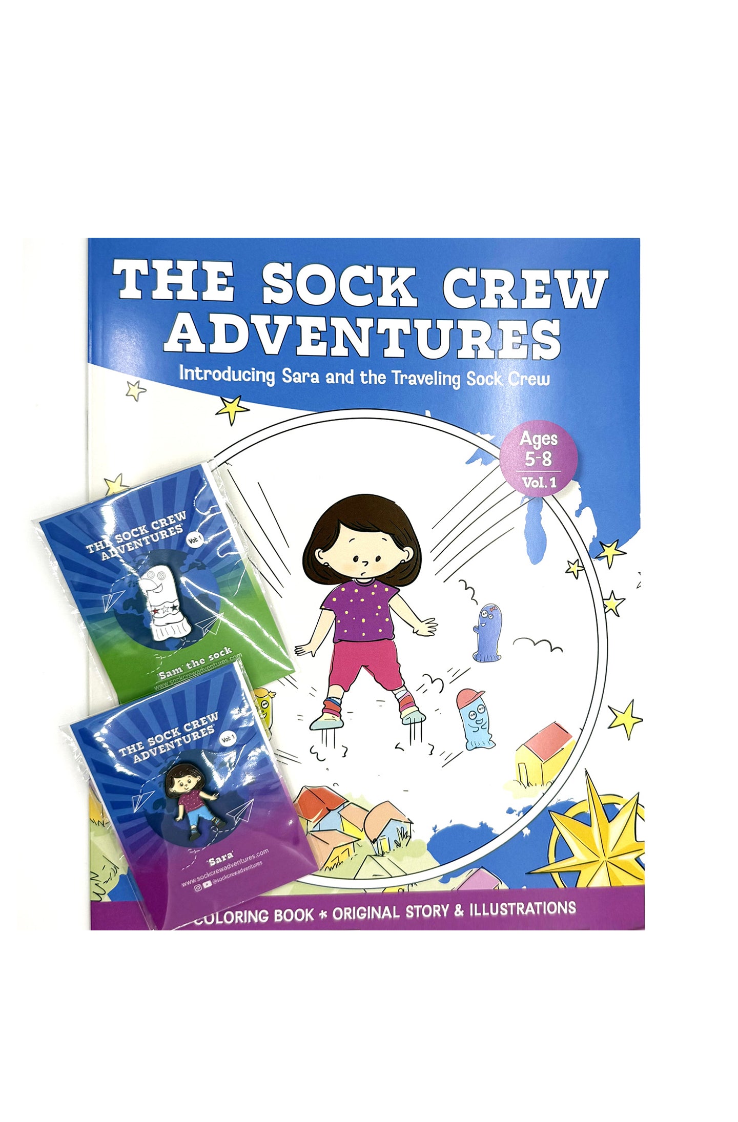 Coloring book and character enamel pins featuring Sara from Sock Crew Adventures.