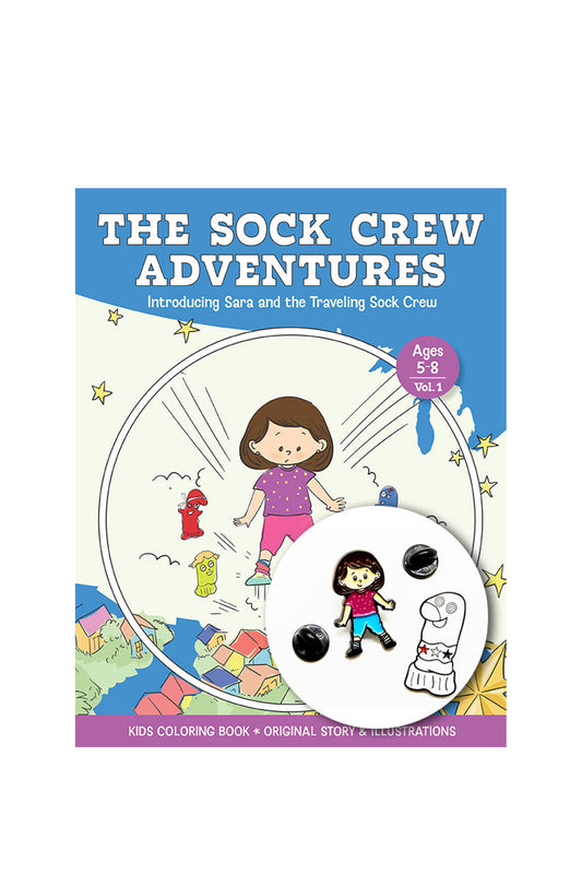 Coloring Book and Character Enamel Pins featuring The Sock Crew Adventures with character illustrations.