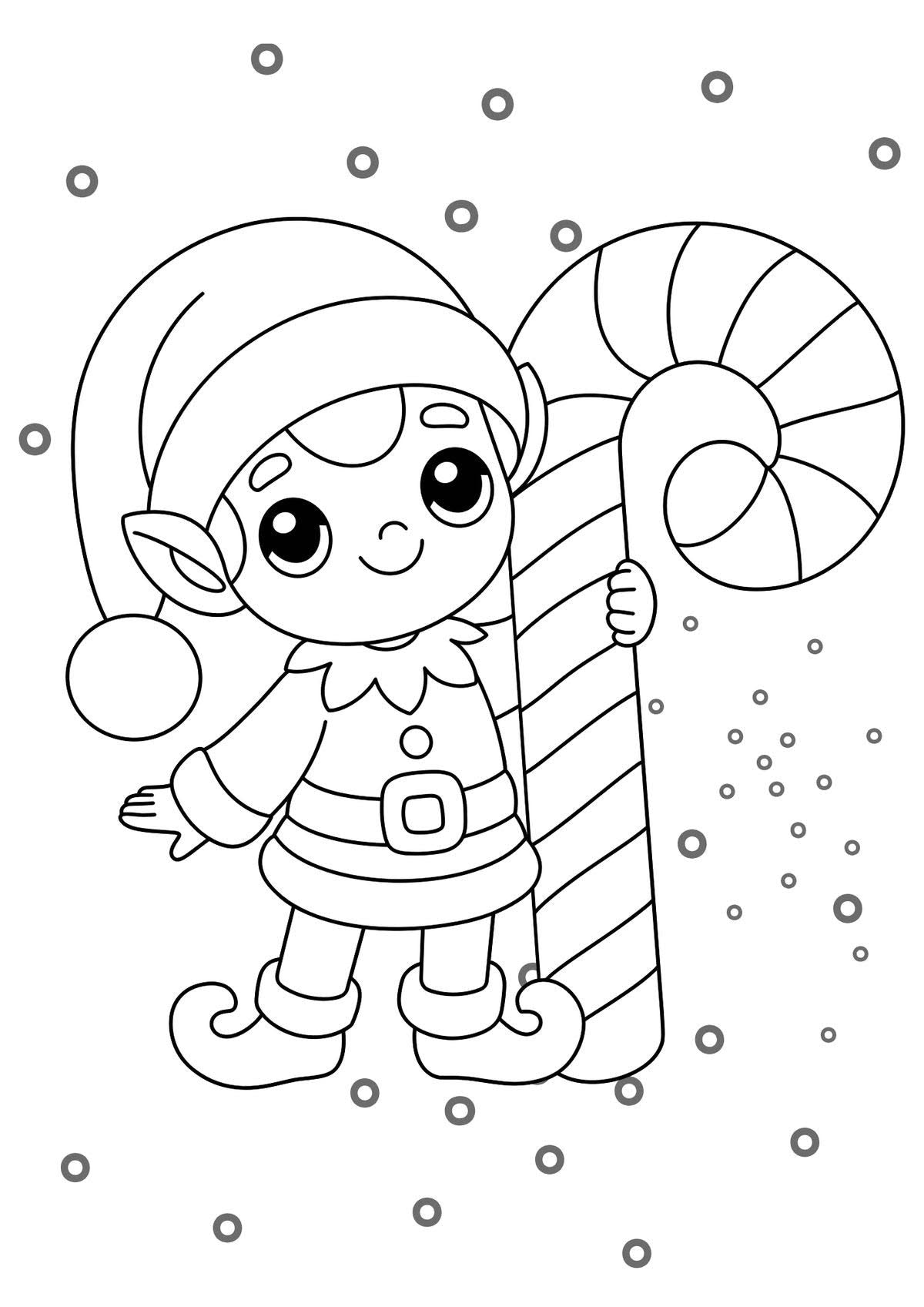 Free - Christmas Elf with Candy Cane Coloring Page