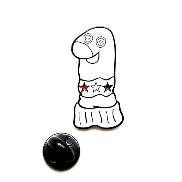 Enamel sock pin "Sam" featuring a fun American sock character with buttons and stars, perfect for Sock Crew Adventures.