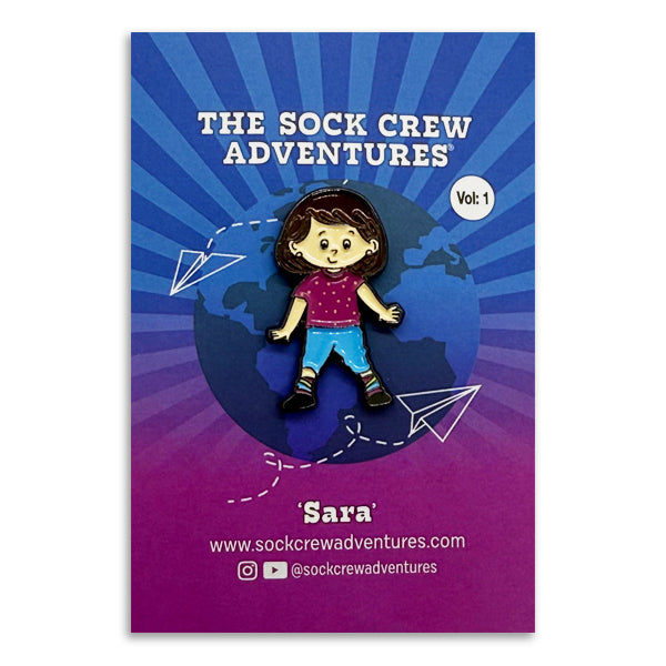 Coloring Book and Character Enamel Pins featuring Sara from Sock Crew Adventures Vol: 1.