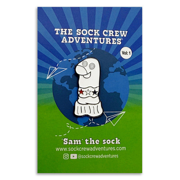 Enamel sock pin 'Sam' from Sock Crew Adventures Vol. 1 featuring a fun design on a colorful background.